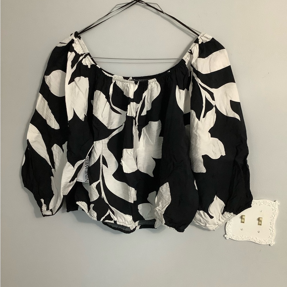Nine West Black and White Leaf Print Blouse